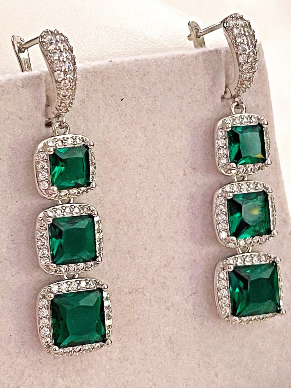 Emerald Moissanite Earrings, Graduated Cushion Gemstones, 14kt White Gold/Silver
